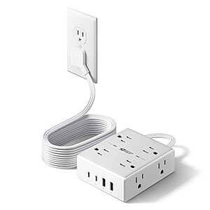 SUPERDANNY 10' Flat Plug Surge Protector Power Strip w/ 8 AC Outlets, 4 USB Ports & 1050J Protection or on