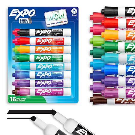 16-Count EXPO Low Odor Chisel Tip Dry Erase Markers (Assorted Colors) w/ S&S