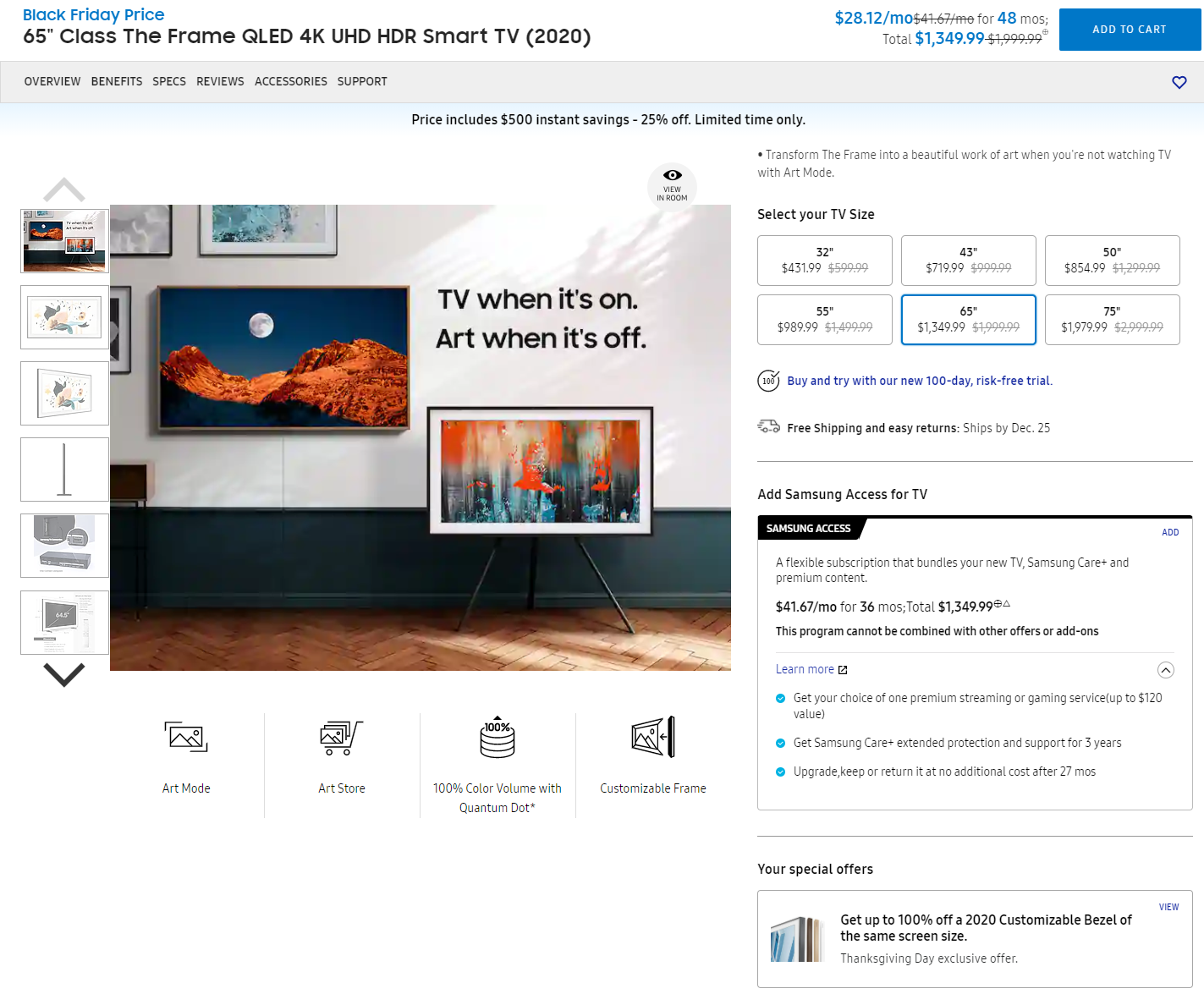 Samsung Frame TV 2020 65" with a free Bezel of choice for $1349 - Perks at Work Exclusive