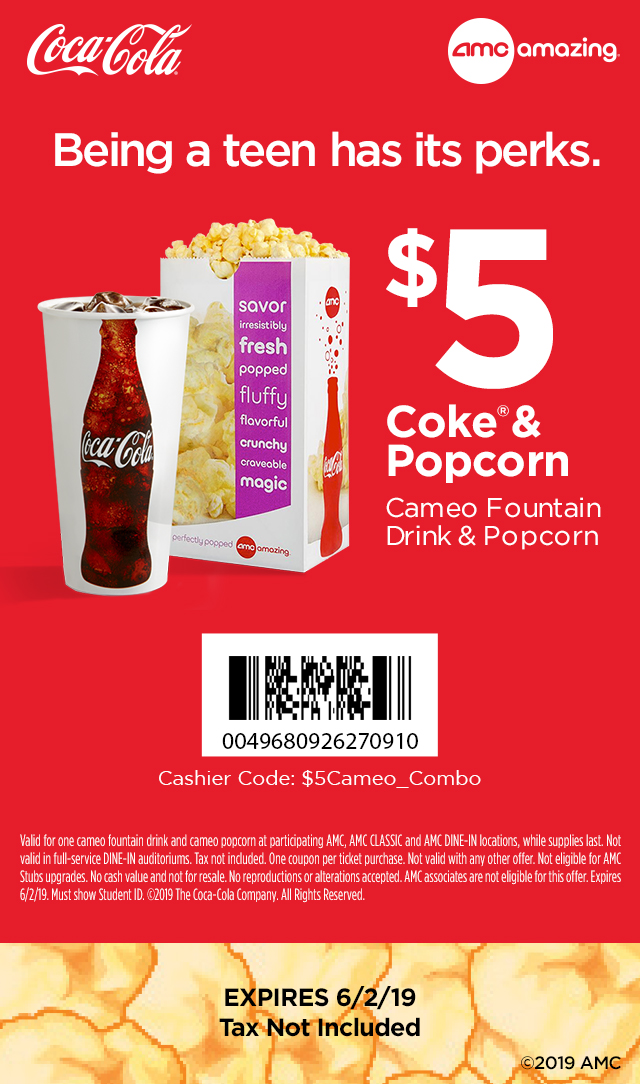 AMC Theaters - $5 popcorn & drink cameo size combo for teens (valid ...