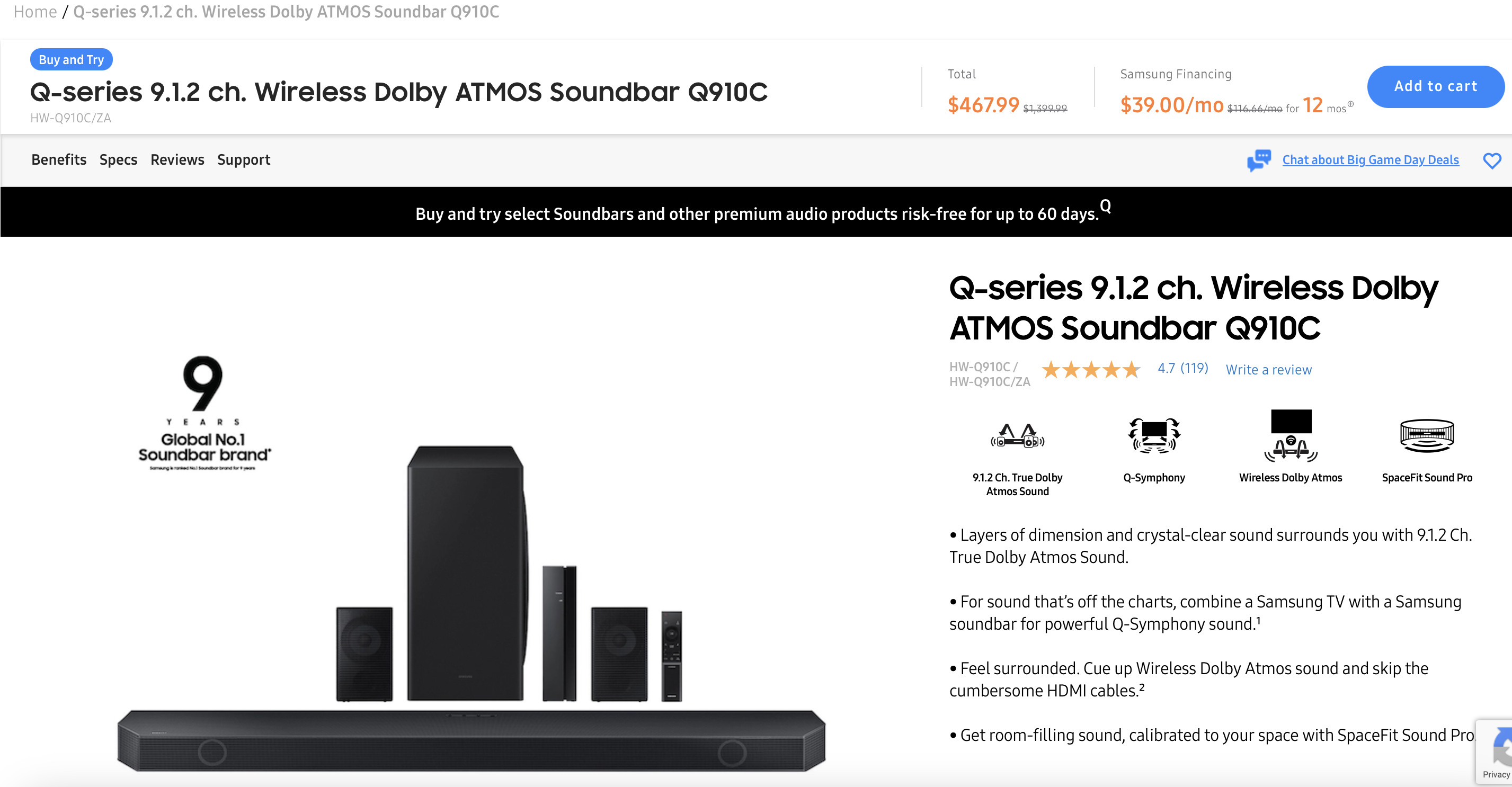 Samsung EPP Members: Q-series 9.1.2 ch. Wireless Dolby ATMOS Soundbar Q910C $467.99