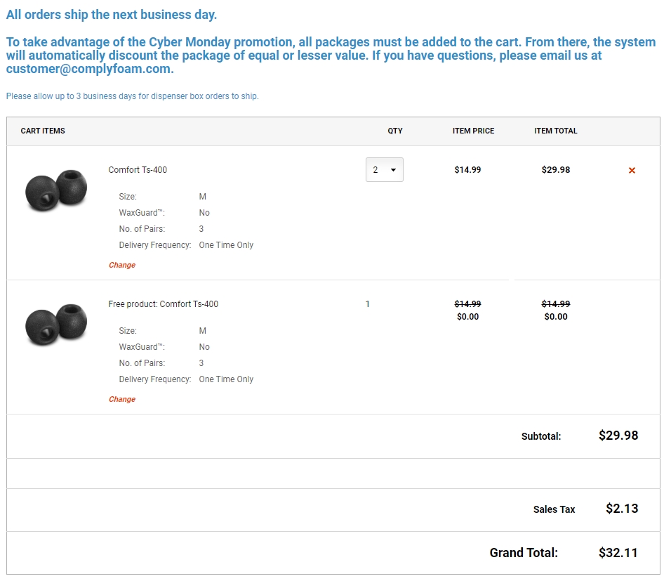 Comply Foam Cyber Monday Promo - Spend $25, get 1 free pack of tips (for in ear headphones/IEMs)