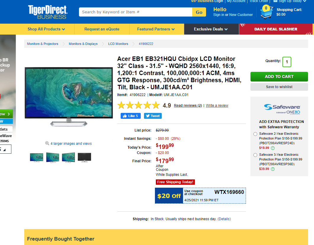 Acer EB1 EB321HQU Cbidpx LCD Monitor 32" Class WQHD (2560x1440) $179.99 AC Free Shipping