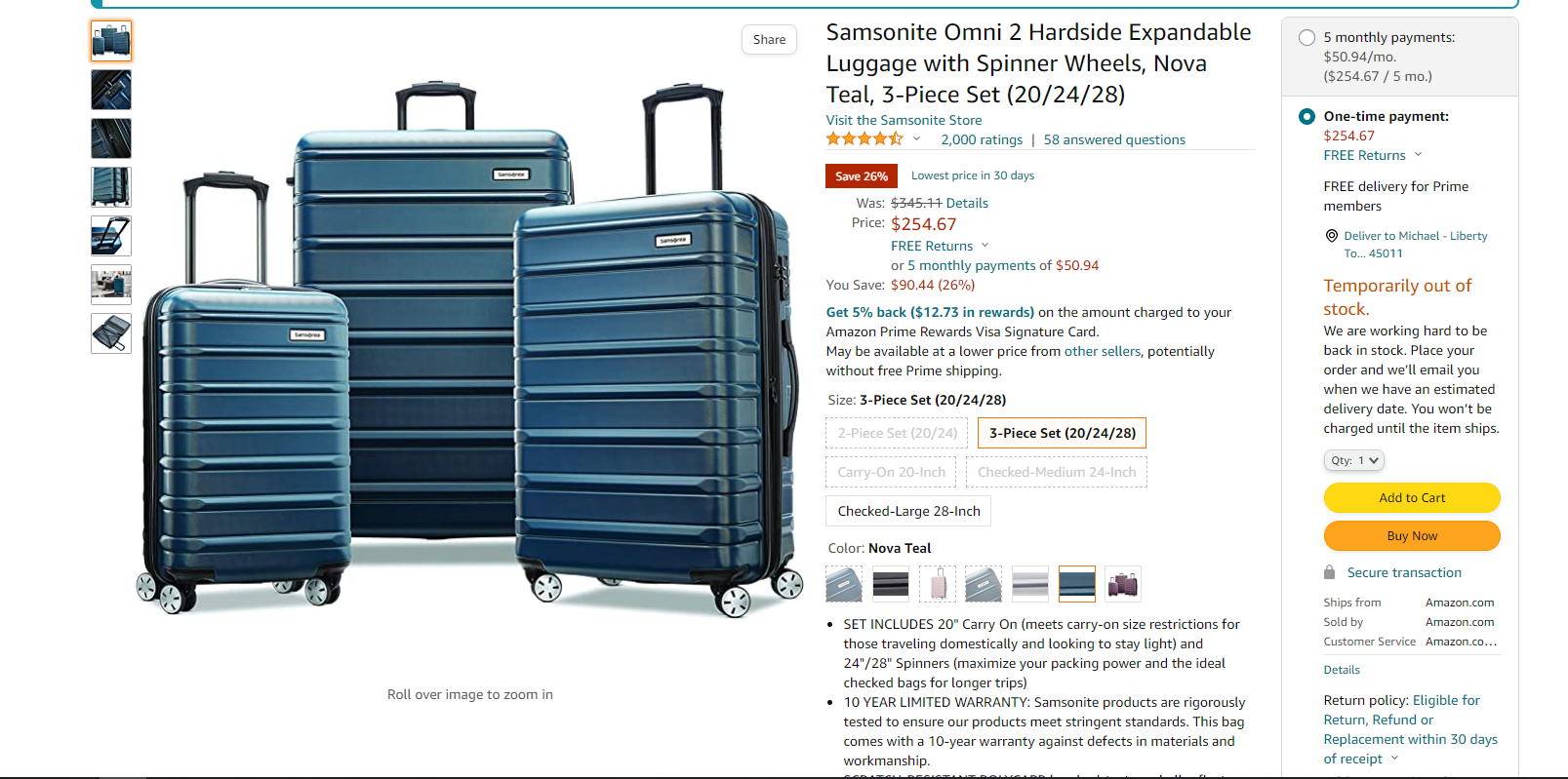 Samsonite Omni 2 Hardside Expandable Luggage with Spinner Wheels, Nova Teal, 3-Piece Set (20/24/28) $254.67 + Free Shipping - Amazon.com