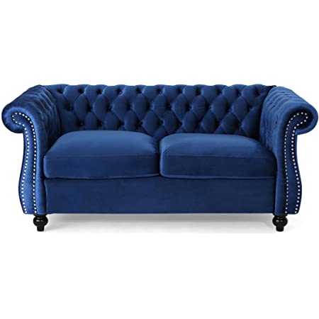 Christopher Knight Home Karen Traditional Chesterfield Loveseat Sofa, Navy Blue and Dark Brown, 61.75 x 33.75 x 27.75, 306027 for 453 $453.79