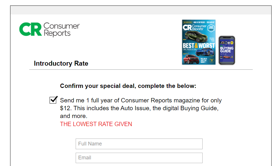 Consumer Reports 1-year subscription, $12