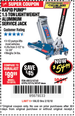 Harbor Freight Rapid Pump 1 5 Ton Jack 54 99 Ac Thru 3 18