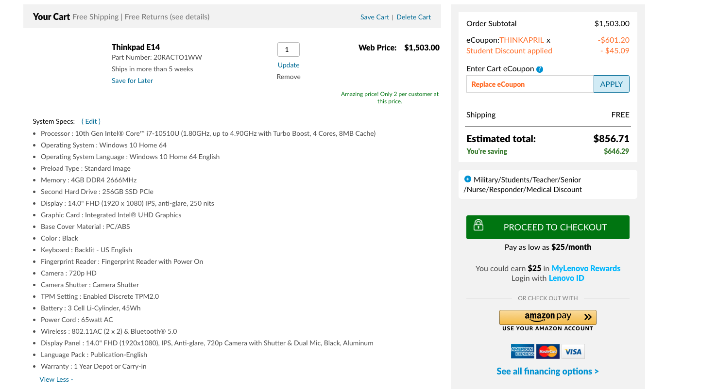 Lenovo.com: ThinkPad E14 (14”) Laptop $629.30 + FS