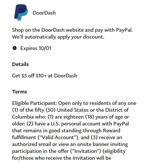 YMMV Paypal : Get $5 off $10+ at DoorDash and Bestbuy