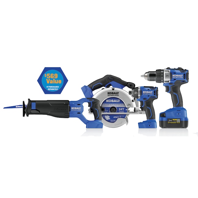 Kobalt 4-Tool 24-volt Max Brushless Tool  Kit w/ drill/driver, impact driver, reciprocating saw, circular saw, soft case, 2 batteries, & charger  @ Lowe's - $179 Store Pickup YMMV
