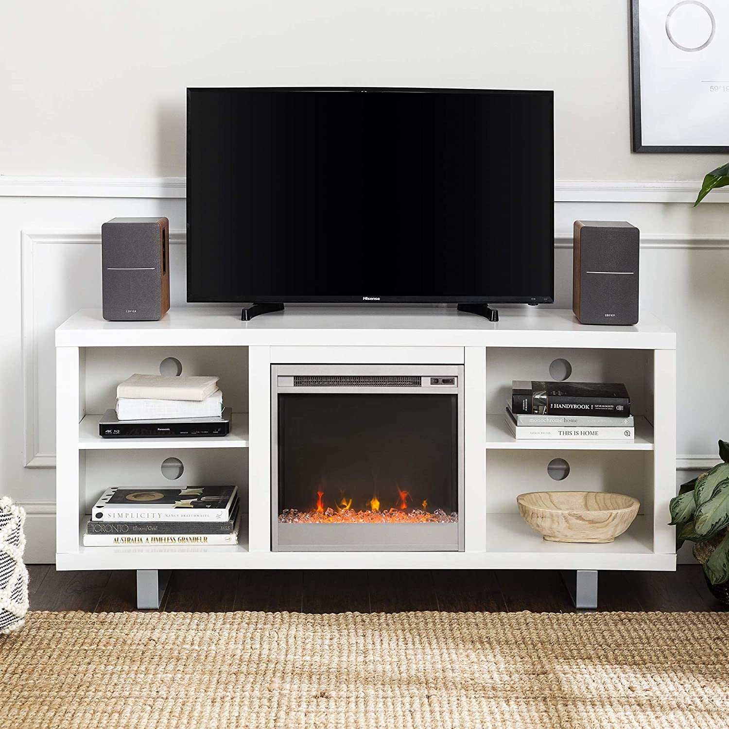 Walker Edison Modern Wood and Metal Fireplace TV Stand for TV's up to 64" Flat Screen Living Room Storage Shelves Entertainment Center, 58 Inch, White  $224