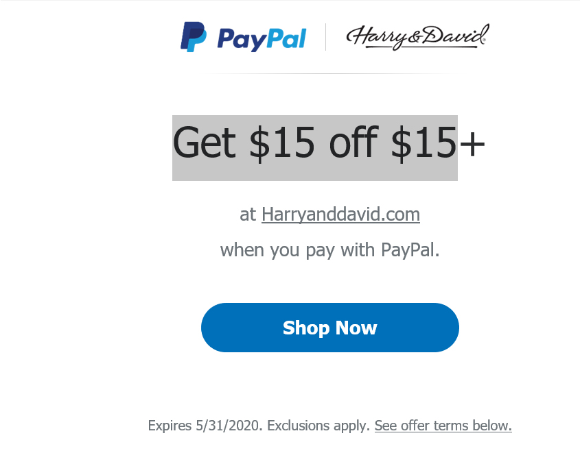 YMMV - PayPal Get $15 off $15 at HARRY & DAVID's