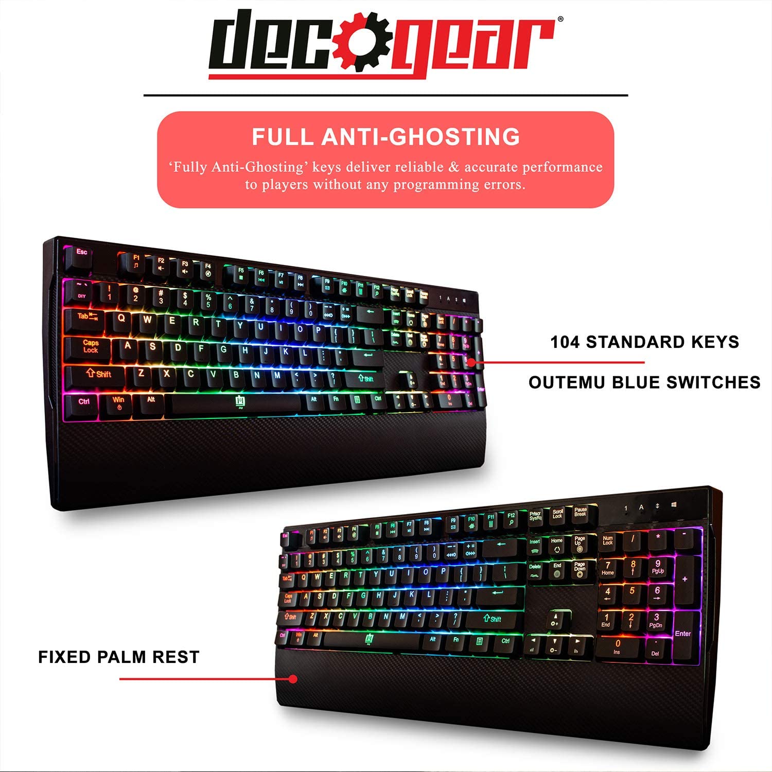 Deco Gear Mechanical Gaming Keyboard, Anti-Ghosting, Ergonomic Fixed Palm Rest, Full Customizable RGB Backlit, Carbon Fiber Design, Outemu Blue Switch, Wired, Black $25