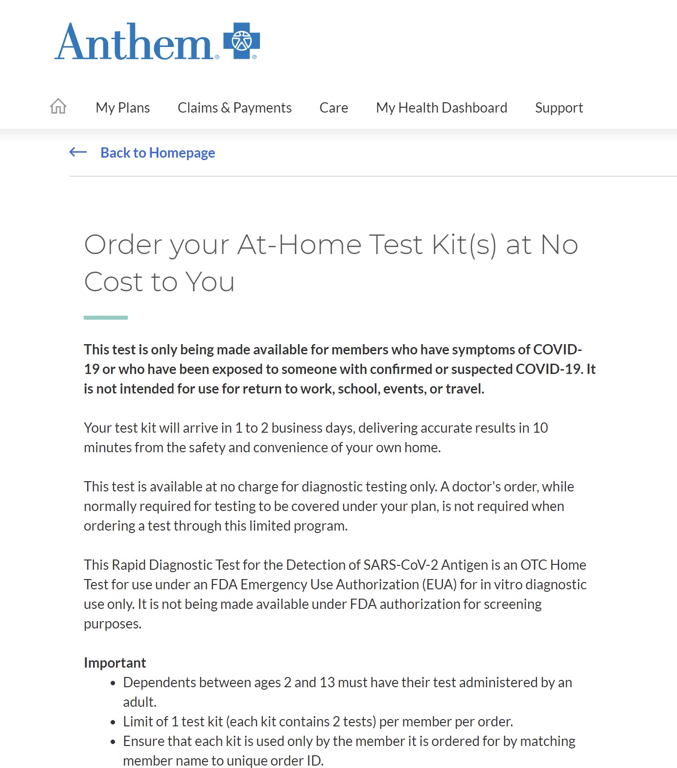 Free at home COVID test kit for each member with Anthem health insurance