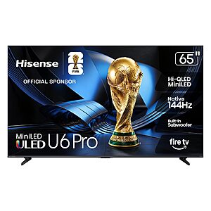 Hisense 65" U6 Pro Series Mini‑LED ULED 4K UHD HDR Gaming AI Smart Fire TV (65U6SF Pro, 2026 New) – Hi-QLED, Native 144Hz, Motion Rate 480, Dolby Vision IQ  $597.99