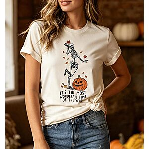 Ykomow Halloween Shirts for Women Thanksgiving Pumpkin Patch Shirts Cute Fall Graphic Tees (L, Cream) $9.99