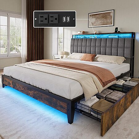 YITAHOME Upholstered Queen Bed Frame w/ RGB, 4 Drawers, Charging Station $153 @ Amazon