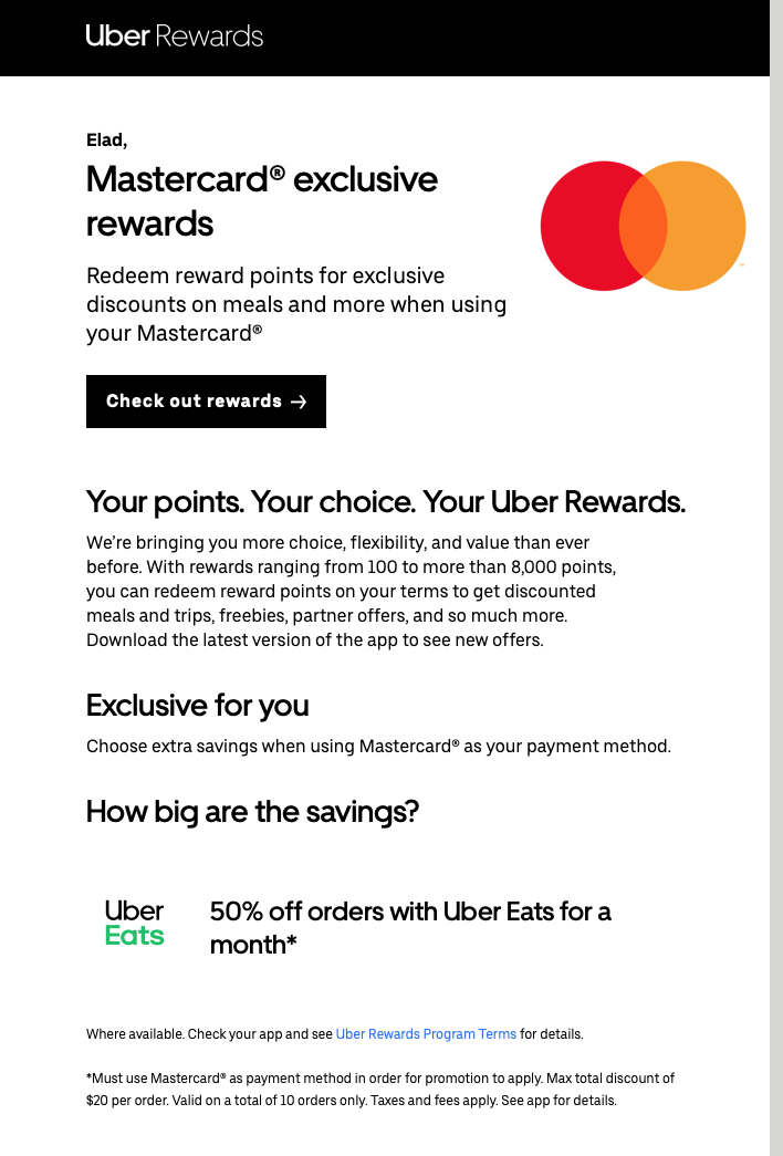 Uber Rewards / Uber Eats Mastercard 50% off for one month $20 Max per eats order (YMMV)