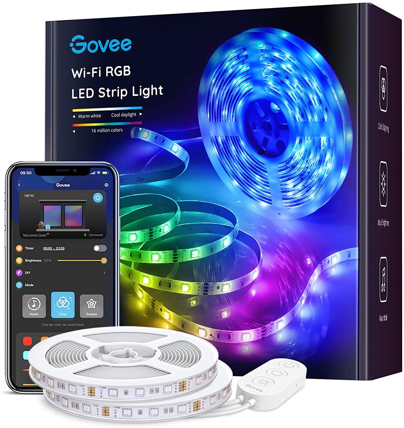Govee 32.8ft WiFi  LED Strip Lights, Work with Alexa and Google Assistant, Bright 5050 LEDs, 16 Million Colors with App Control and Music Sync-$26.39 + FS