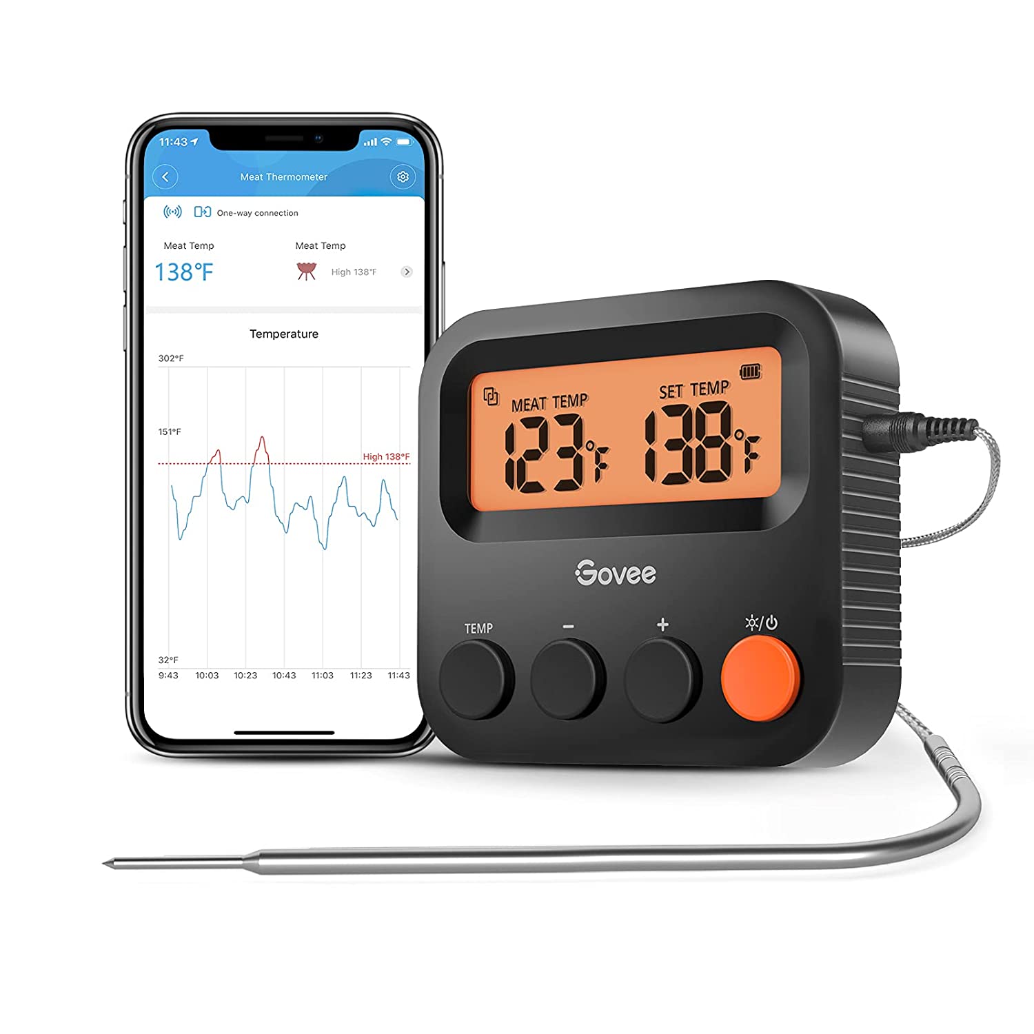 Govee 230ft Range Wireless Bluetooth Meat Thermometer with one Temperature Probe and Smart Alerts for Smoker ,Cooking, BBQ, Kitchen, Oven - $10.99