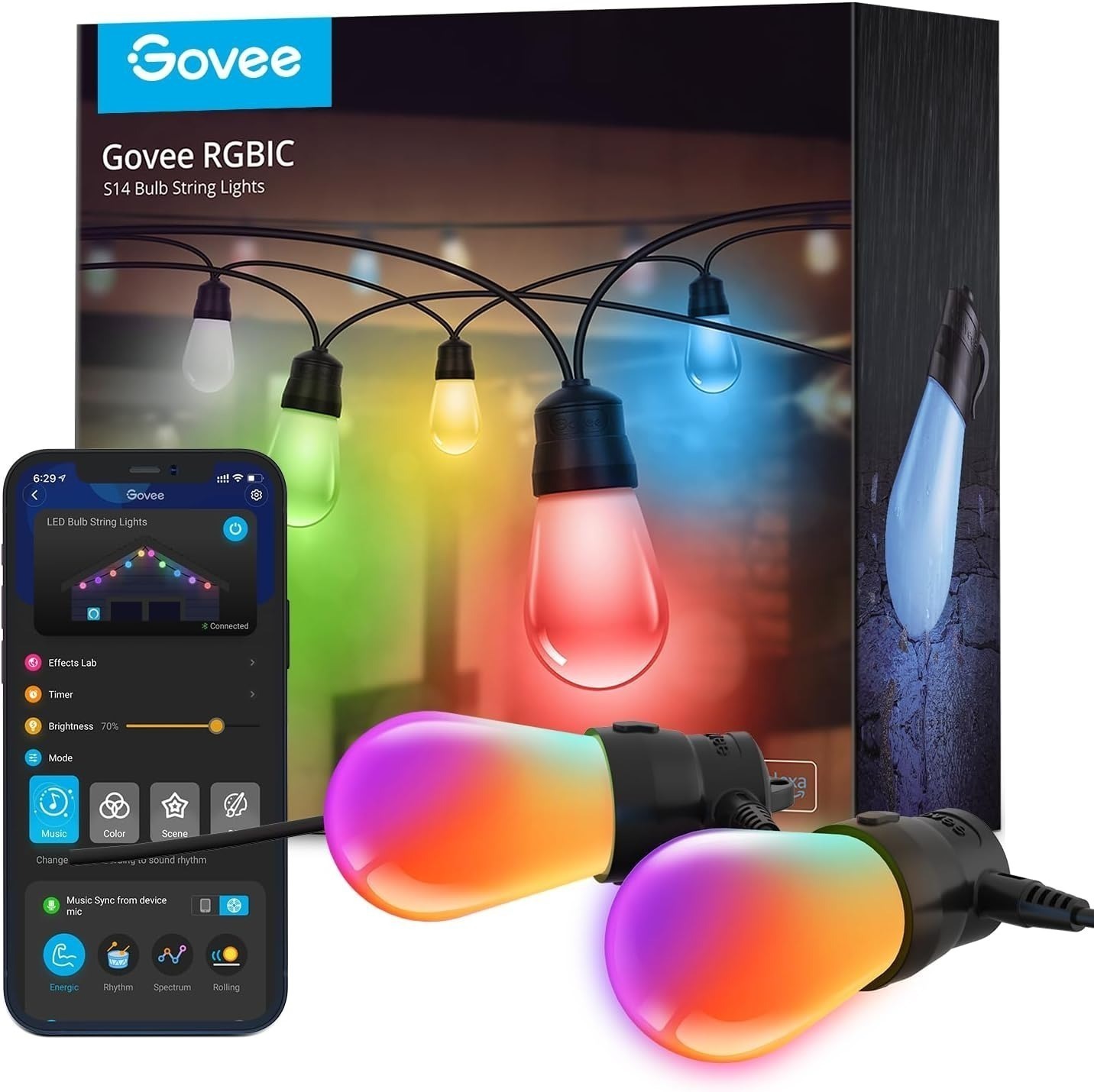 PRIME Members: Govee Outdoor String Lights with 15 Dimmable RGBIC LED Bulbs, 48ft IP65 Waterproof Shatterproof, with 47 Scene Modes - $28.99  + FS with PRIME