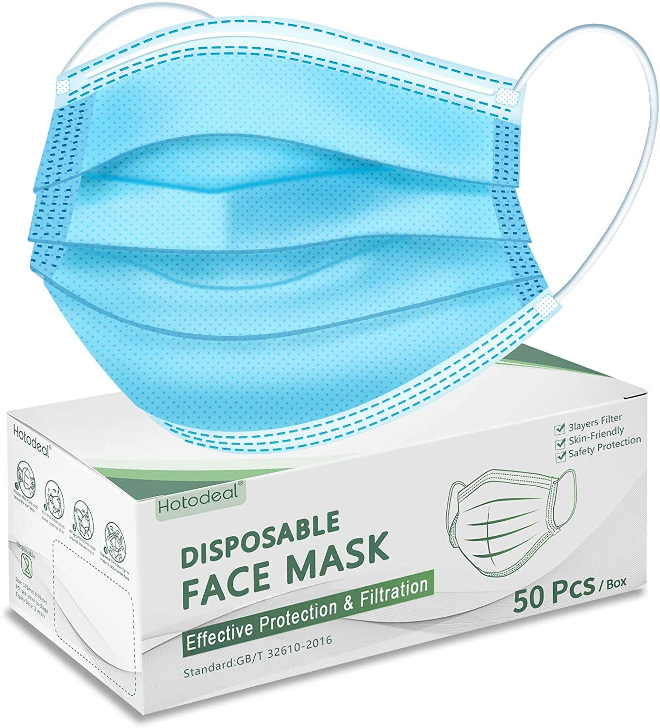 50-Pack Hotodeal 3-Ply Disposable Face Masks Only $4.5 + Free S/H