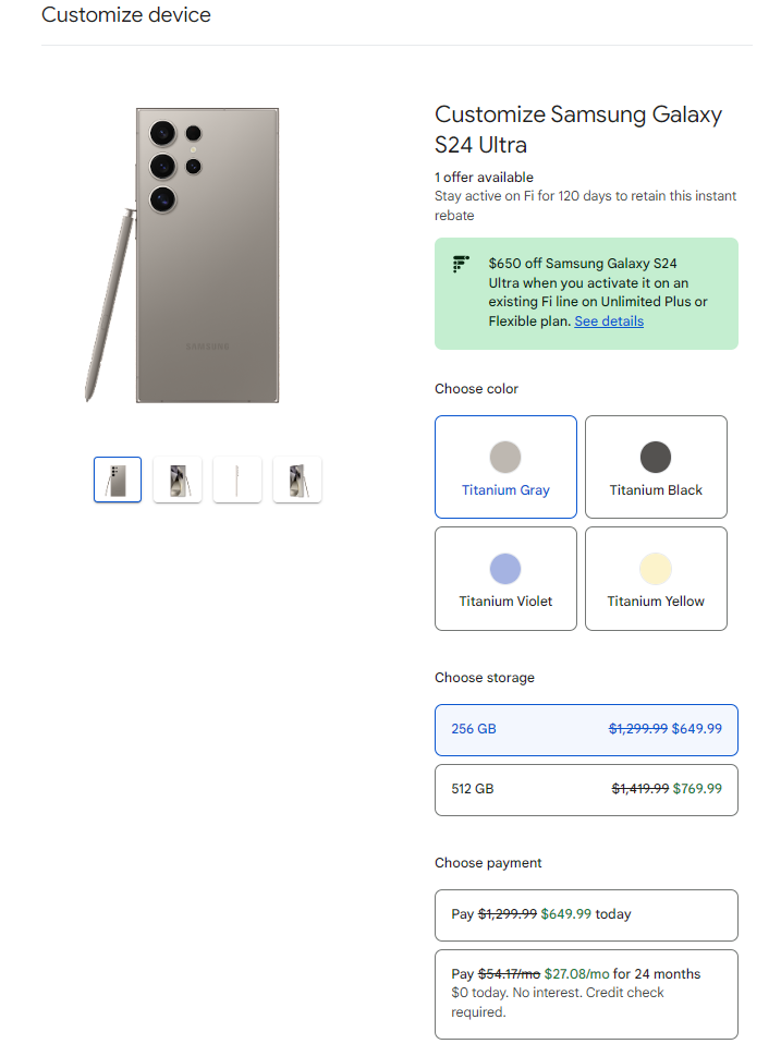 Select Existing Google Fi Customers: 256GB Samsung Galaxy S24 Ultra (Unlocked) $649.99