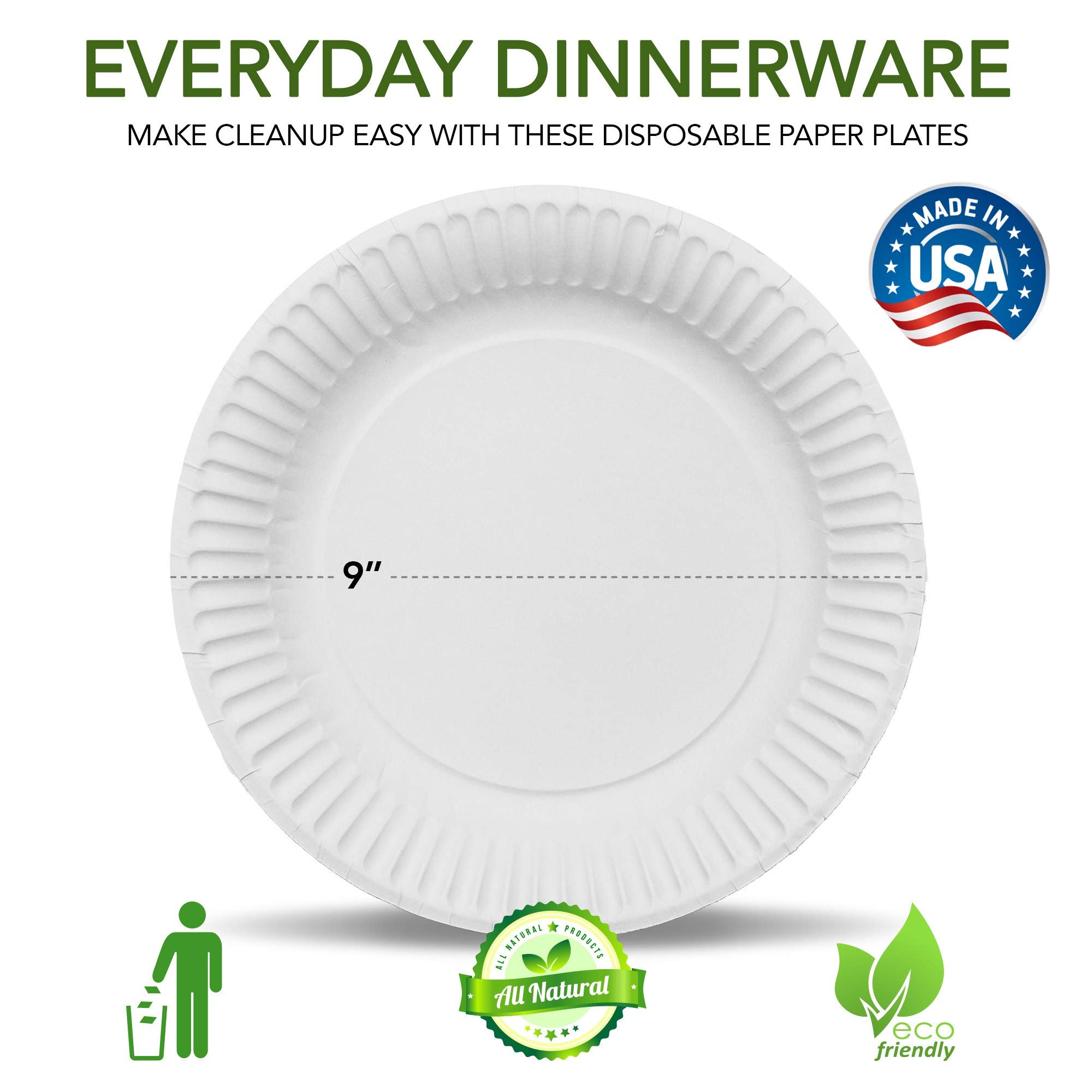 500count 9Inch Paper Plates Uncoated, Everyday Disposable Paper