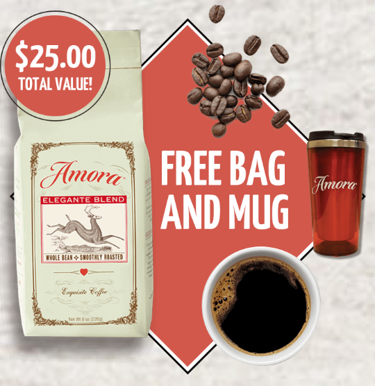 Bag of Amora Coffee FREE, Plus Get a FREE Mug, pay only $3.95 shipping 10 Flavors To Choose From
