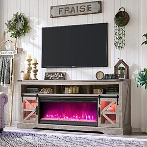 75" OKD Barn Door TV Stand w/ 42'' Electric Fireplace (Light Rustic Oak) $299.99 + Free Shipping