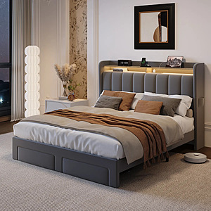 Ivy Bronx Upholstered Storage Platform Bed Frame w/ Wingback Headboard, Light & Charging (Queen; Gray) $229.99 + Free Shipping
