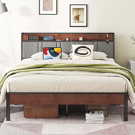 NISIEN Platform Bed Frame w/ Storage Headboard & Charging Station (Queen; Black or Gray) $119 + Free Shipping