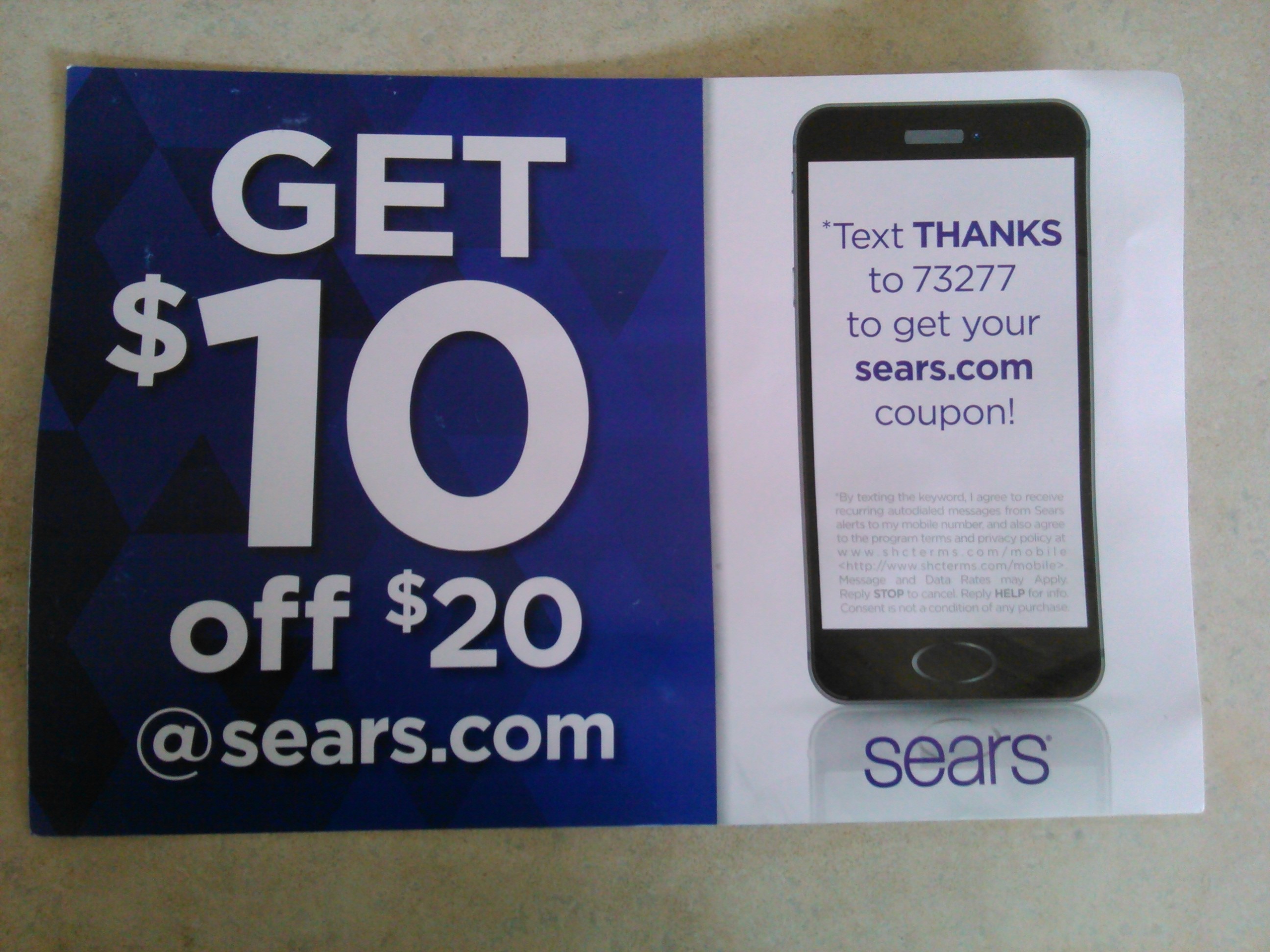Sears Coupon for Additonal Savings $10 f $20 Text Messaging