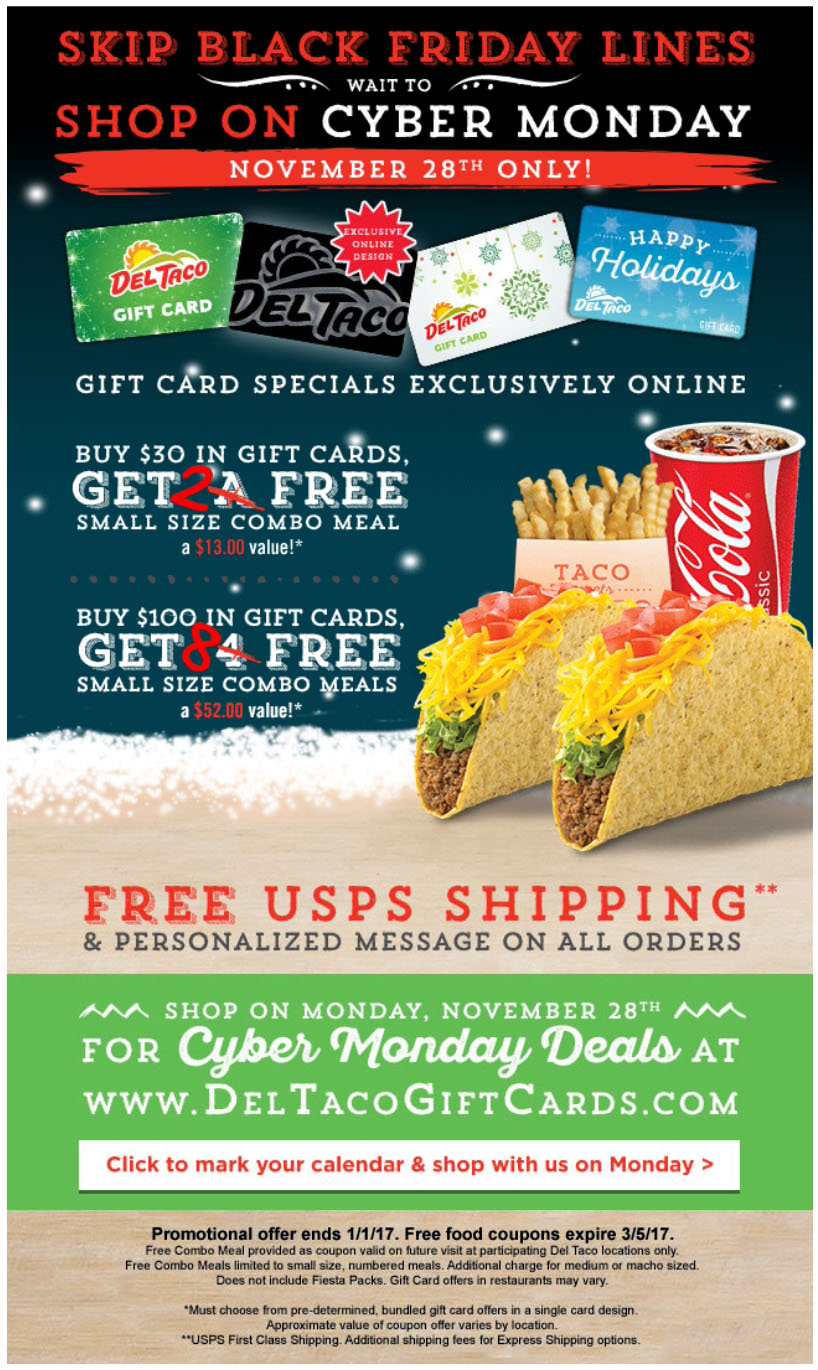Del Taco -- MONDAY ONLY Nov 28 -- Buy $100 in Gift cards ...
