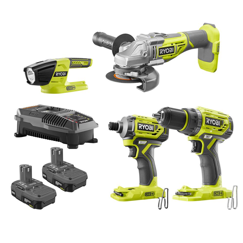 "Deal of the Day" 18-Volt ONE+ Brushless 4-Tool Combo Kit with Drill, Grinder, Impact Driver, Light, (2) 1.5 Ah Batteries, and Charger (5/21/20) $199
