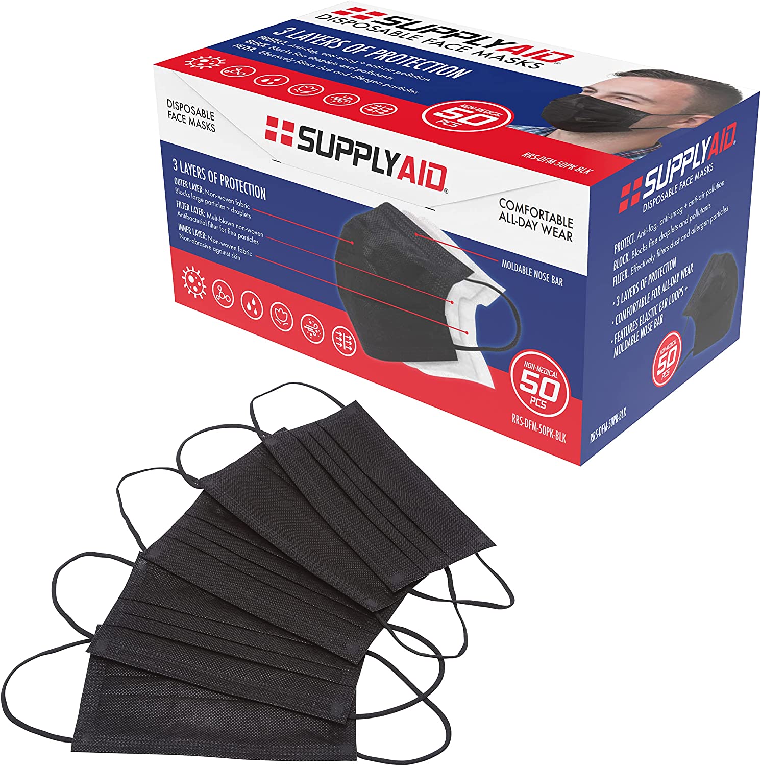 50Count SupplyAID Disposable 3Layer Face Mask (Black)