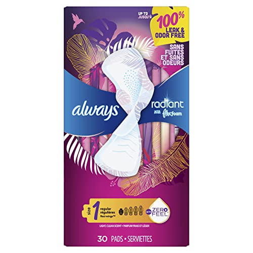 Always Radiant Feminine Pads For Women, Size 1 Regular Absorbency, Multipack, With Flexfoam, With Wings, Light Clean Scent, 30 Count X 6 Packs (180 Count Total) $31.08