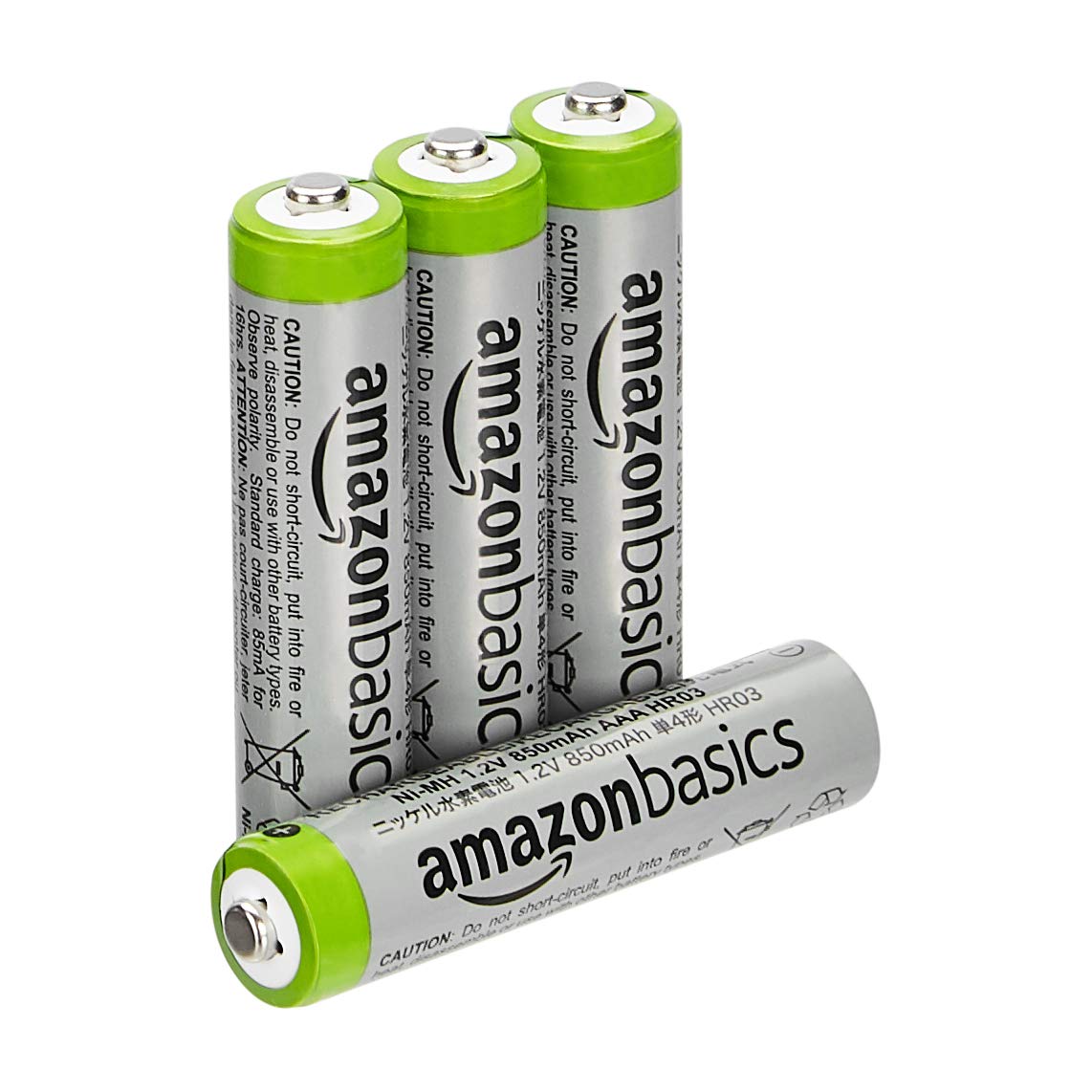 Amazon Basics 4-Pack Rechargeable AAA NiMH High-Capacity Batteries, 850 mAh, Pre-Charged $4.96