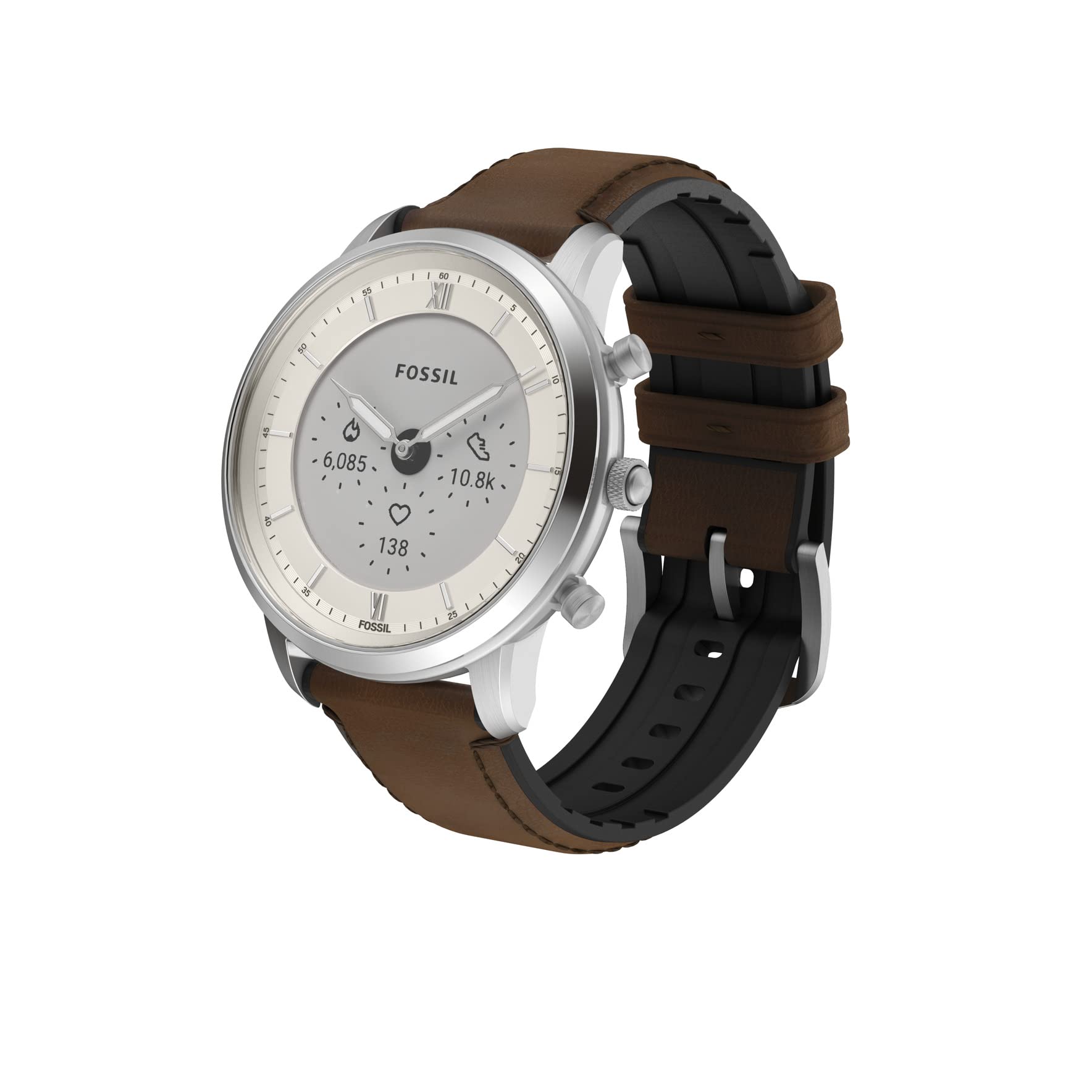 Fossil Men's Neutra Gen 6 Hybrid 44mm Stainless Steel and Leather Smart Watch, Color: Silver, Brown (Model: FTW7073) $137.4