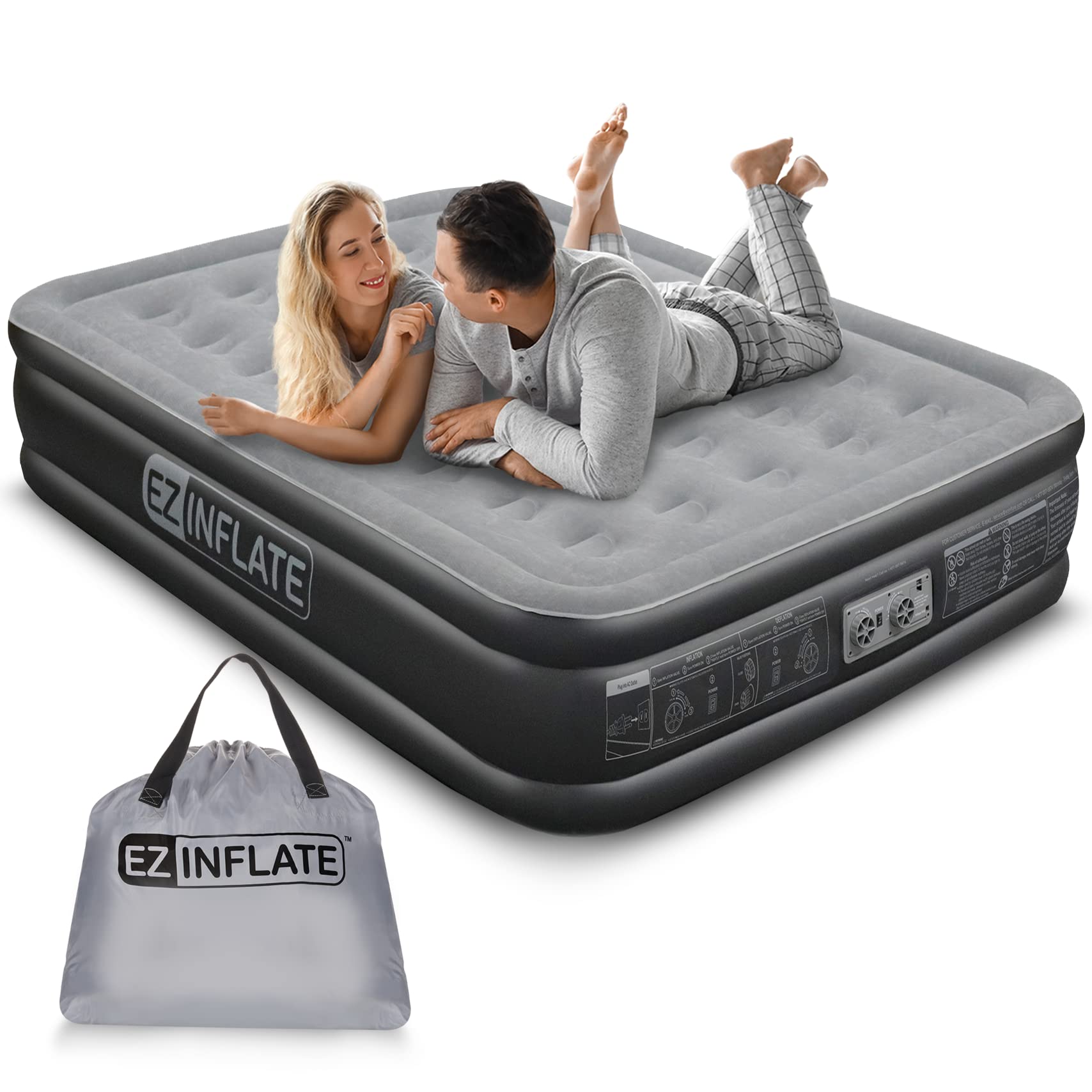 EZ INFLATE Air Mattress with Built in Pump - Queen Size Double-High Inflatable Mattress with Flocked Top - Easy Inflate, Water $26.3