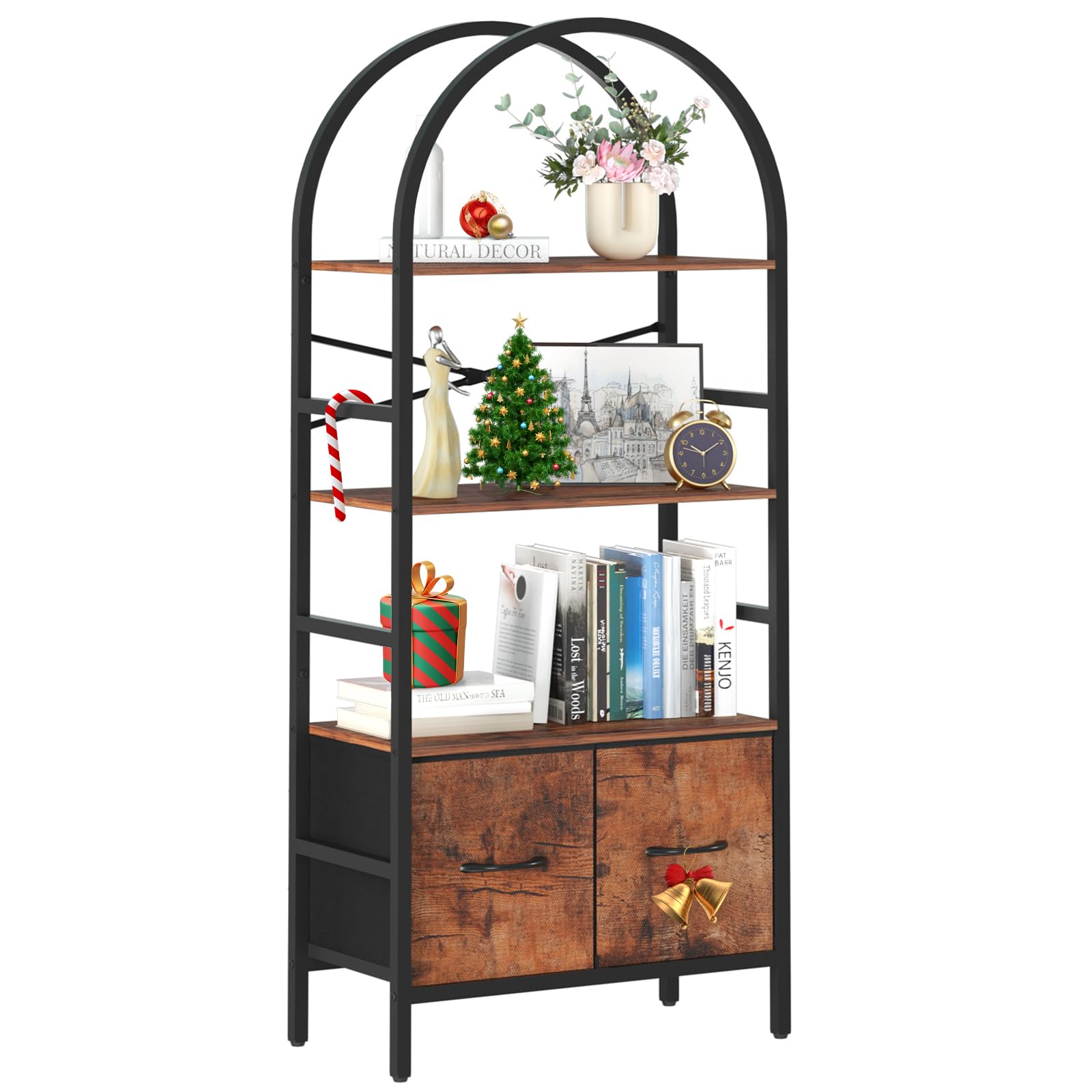 Yoobure Arched Bookshelf with Drawers, 4 Tier Book Shelf Storage Shelves, Industrial Bookcase Book Organizer for Bedroom Office, Tall Metal Bookshelves $56