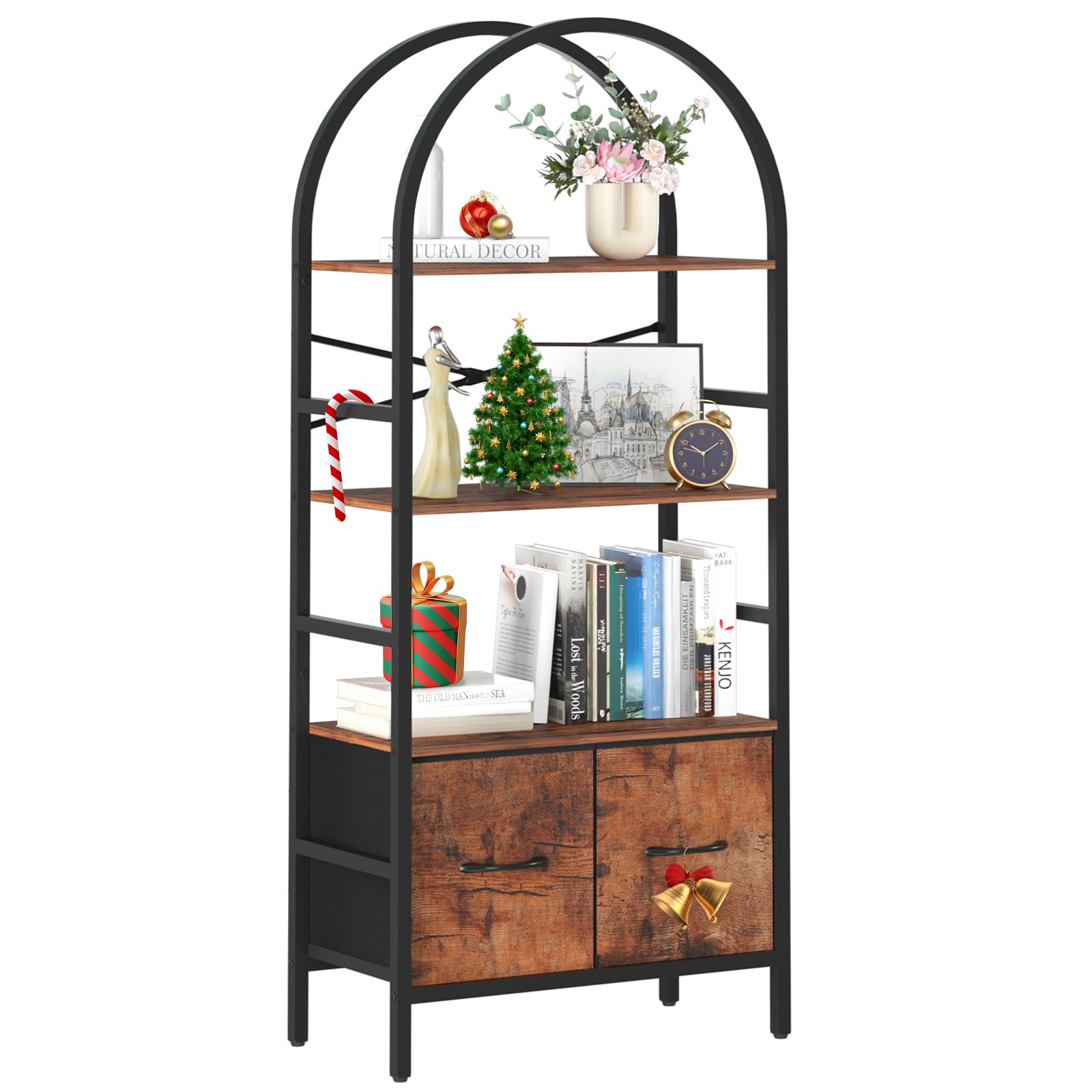 Yoobure Arched Bookshelf with Drawers, 4 Tier Book Shelf Storage