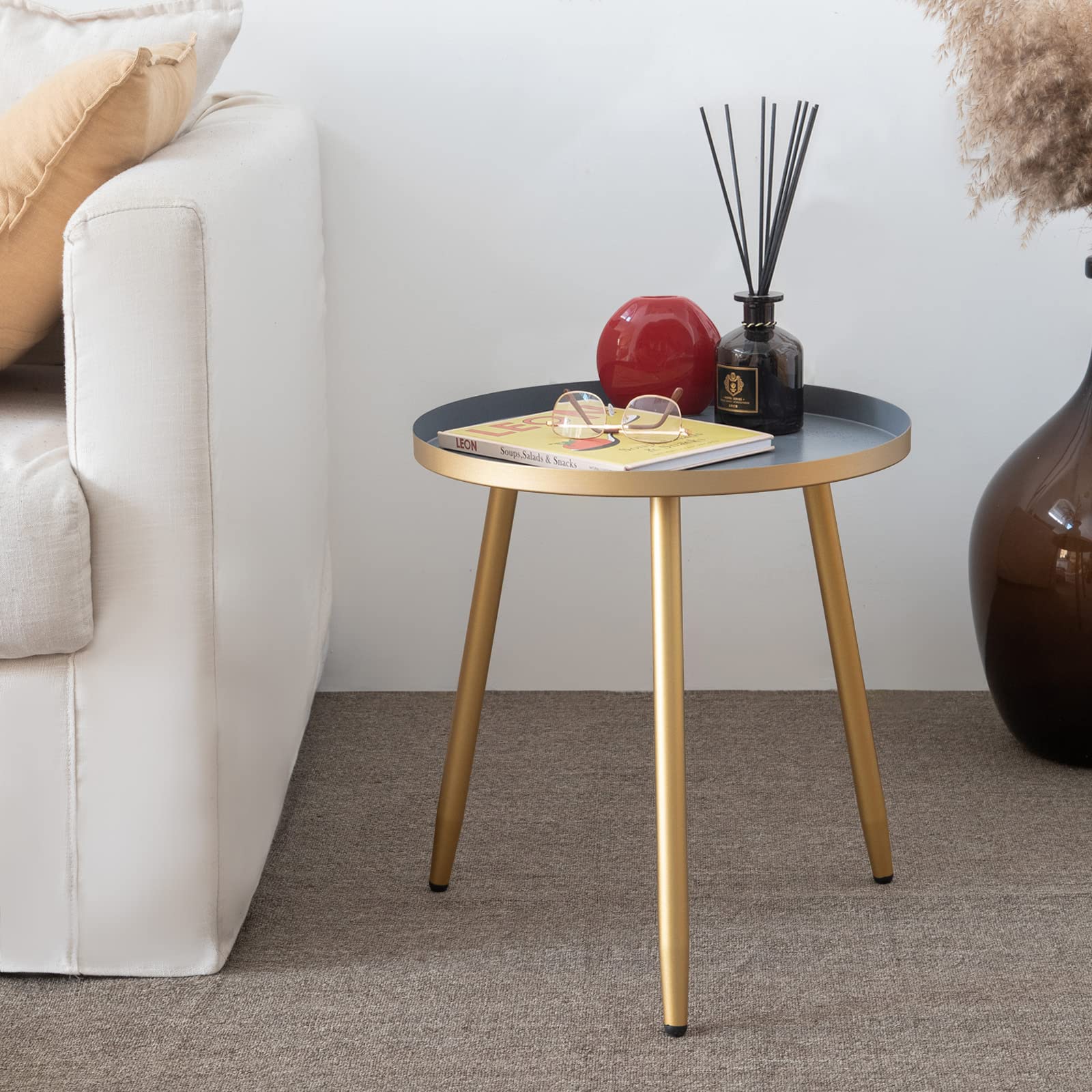 AOJEZOR Round End Table Ideal for Any Room, Metal Structure Side Tables Great For Living Room, Bedroom, Indoor, Outdoor, Matte Gray Tray with 3 Gold Legs Accent $18.21