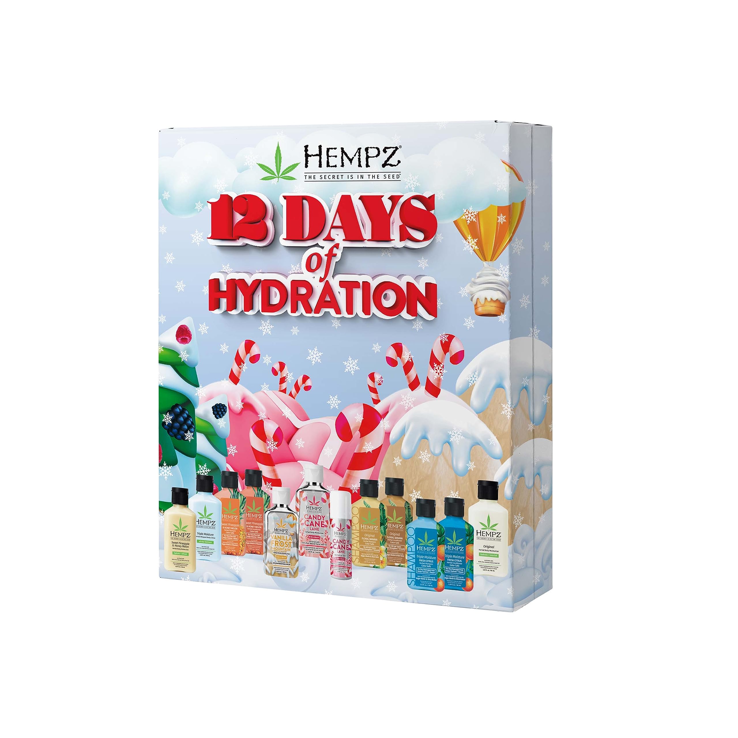 Hempz Twelve Days of Hydration Skin Care Gift Set (12-pack) - Candy Cane Moisturizer & Lip Balm, Vanilla Moisturizer, Pineapple & Melon, Original, & Triple Moisture $32.2