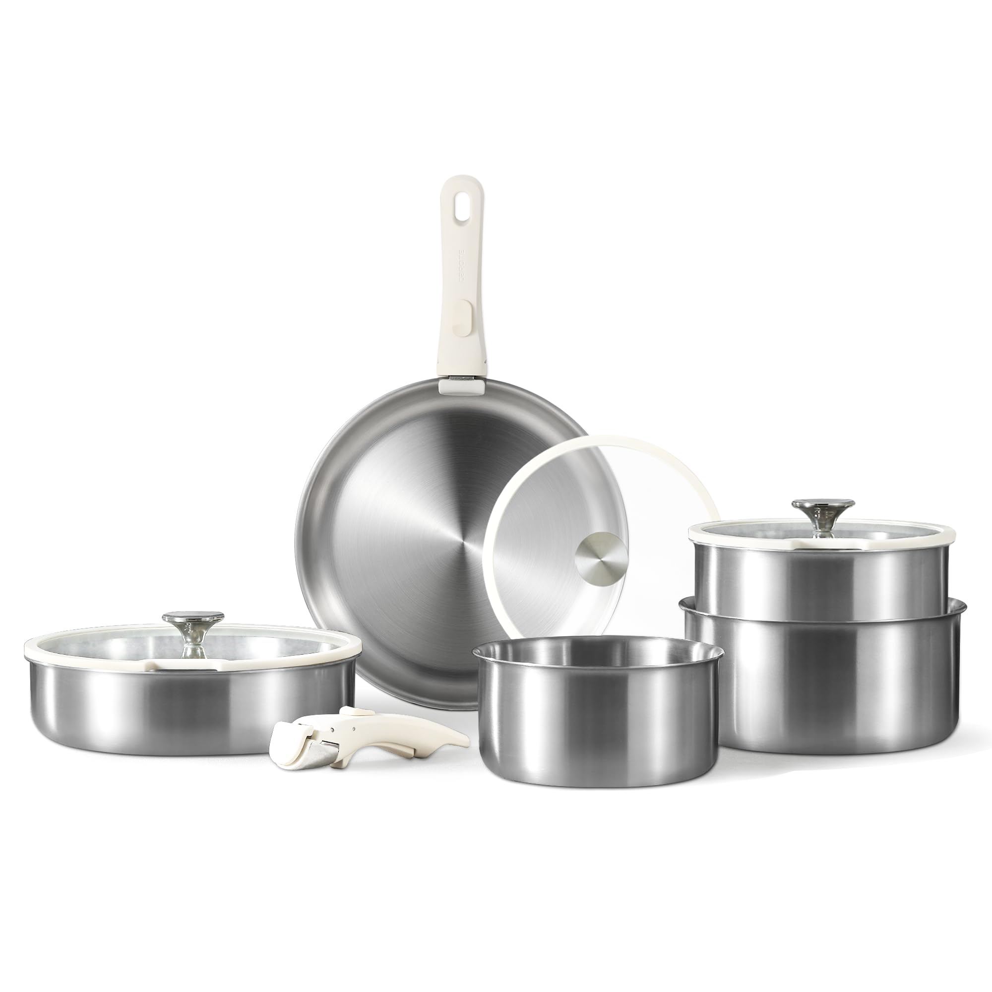 CAROTE 10pcs Pots and Pans Set, Stainless Steel Cookware Set Detachable Handle, Induction Kitchen Cookware Sets with Removable Handle, Oven Safe, Stainless Steel $64.98