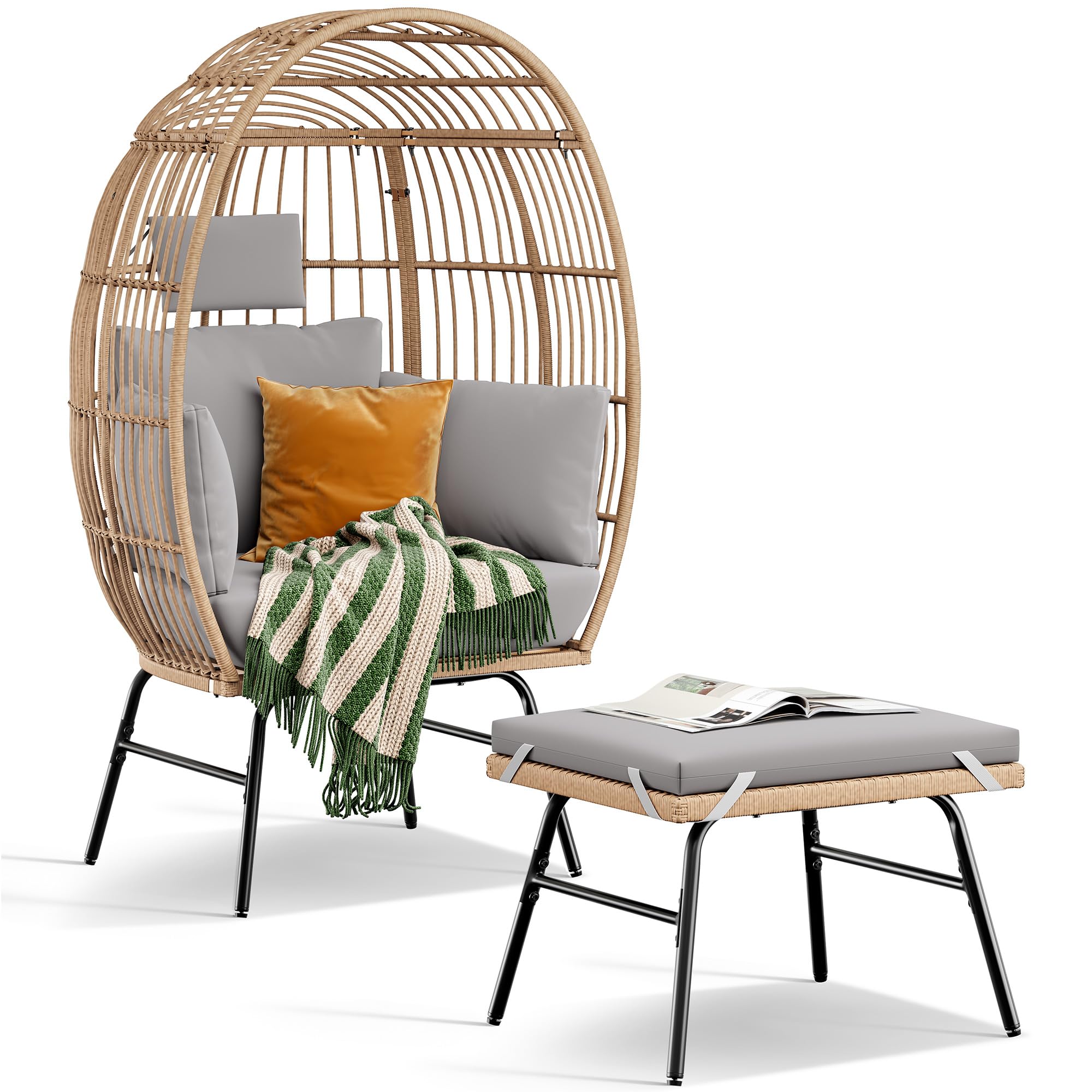 YITAHOME Outdoor Egg Chair with Footrest, Patio Wicker Basket Chair with 2-in-1 Ottoman, Indoor Egg Chairs with Stand & Cushion Cocoon Chair  $164.99