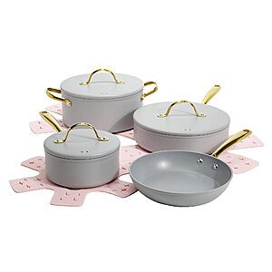 Paris Hilton Iconic Nonstick Pots and Pans Set, Multi-layer Nonstick Coating, Matching Lids With Gold Handles, no PFOA, Dishwasher Safe Cookware Set, 10-Piece, Light Gray $  59.99