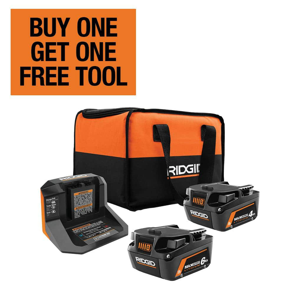 Ridgid 18V 6.0 Ah and 4.0 Ah MAX Output Lithium-Ion Batteries and Charger Kit with Bag - $87.07