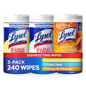 3-Pack 80-Count Lysol Disinfectant Wipes (Variety Pack) $8.45 w/ Subscribe & Save