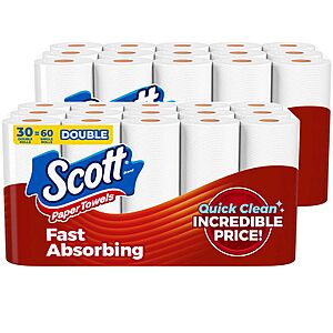 Buy 2 30-Pack Scott Paper Towels (30 Double Rolls ,108 Sheets Per Roll) for $56.90, get $15 Amazon credit with S&S